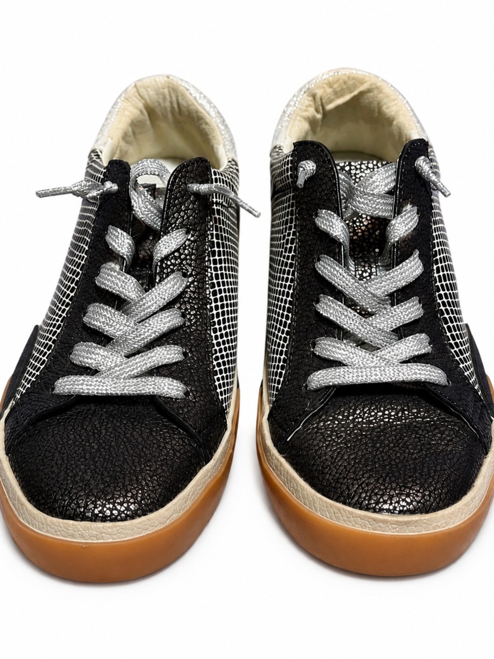 Dolce Vita Zina Black Silver Metallic Snakeskin Leather Gum Sole Sneaker 7.5